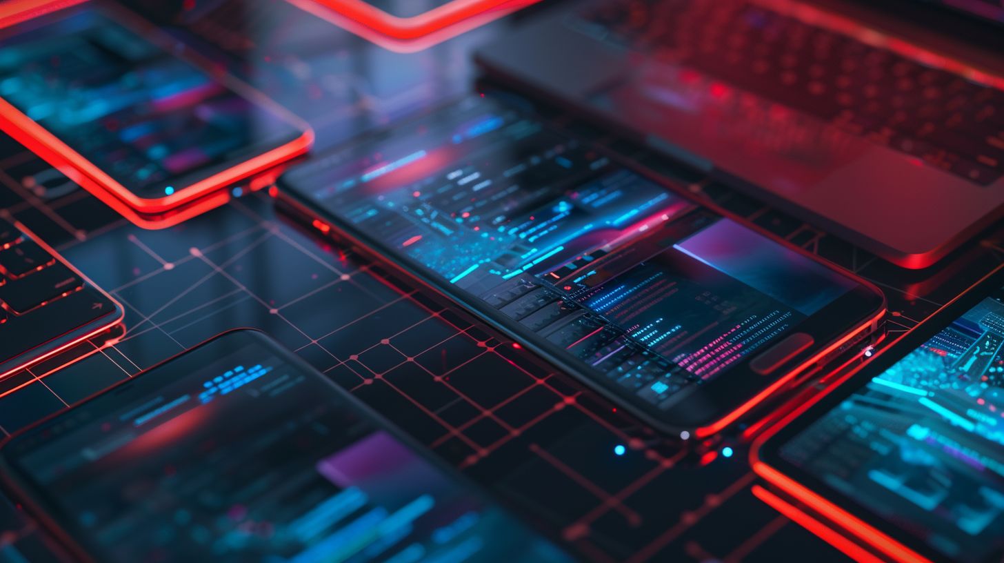 Various electronic devices on a dynamic grid background, captured from above.