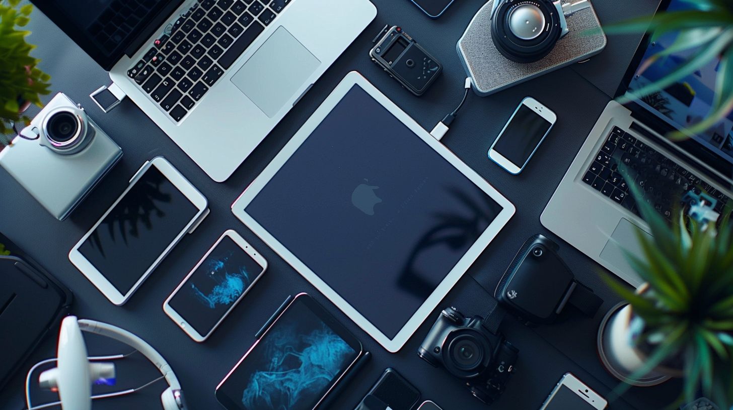 Various electronic devices on a dynamic grid background, captured from above.