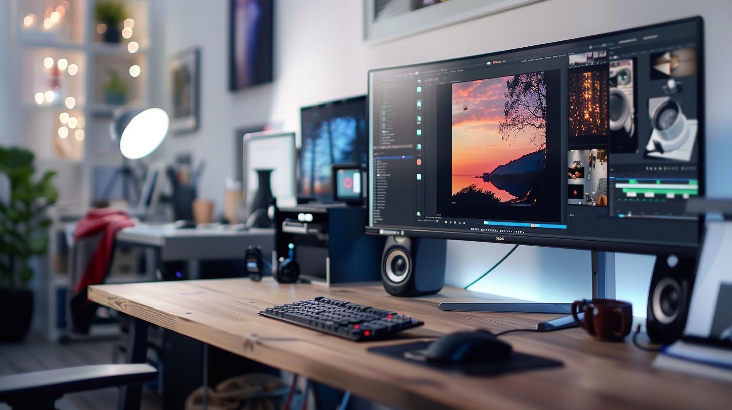 A modern and minimalist workspace with a sleek computer setup. A modern and minimalist workspace with a sleek computer setup.