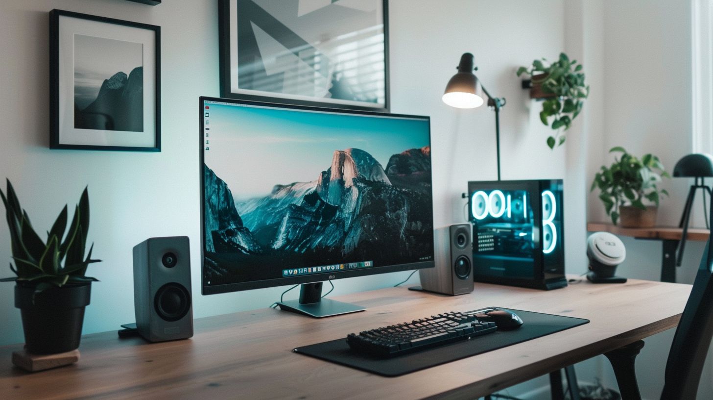 A modern and minimalist workspace with a sleek computer setup. A modern and minimalist workspace with a sleek computer setup.