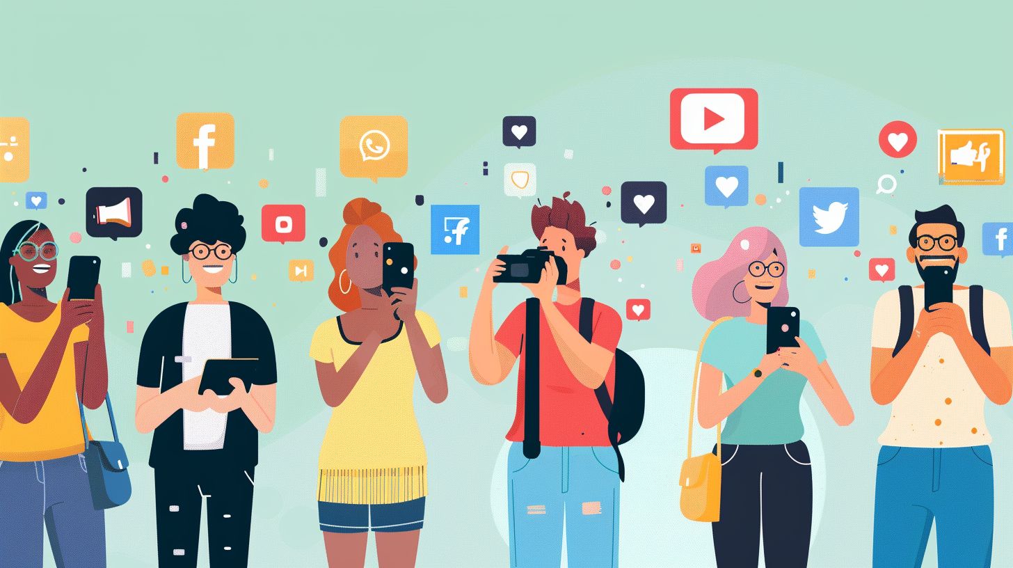 A group of people using social media on different devices.