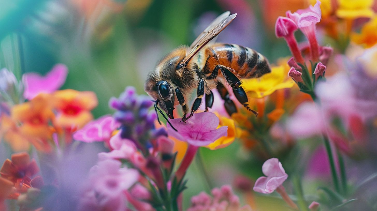 A close-up of a honeybee pollinating colorful flowers in a garden. A close-up of a honeybee pollinating colorful flowers in a garden.