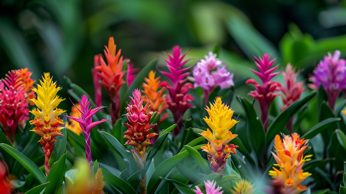 A vibrant array of exotic flowers in a tropical garden.