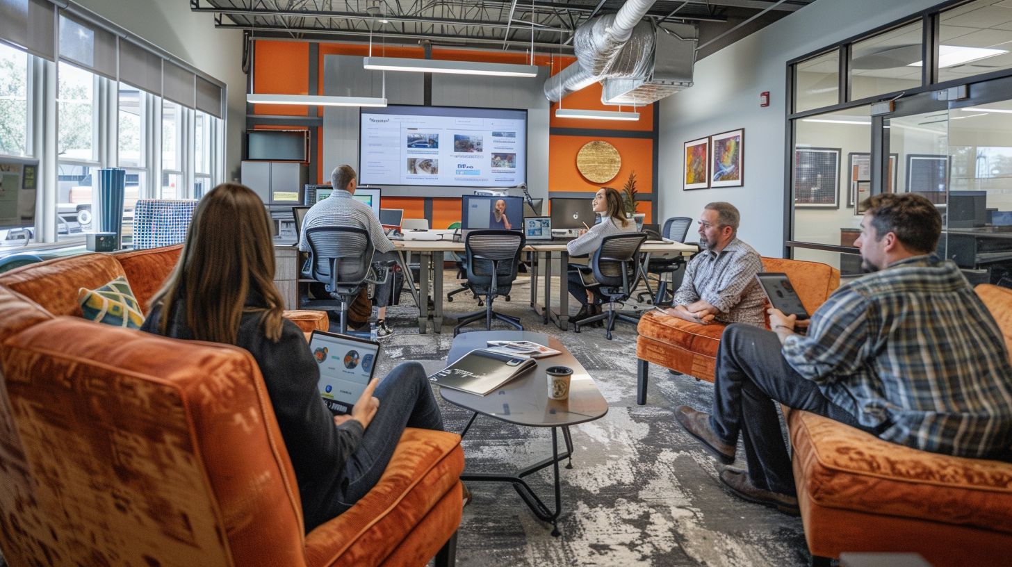 Employees brainstorming social media strategies in an office setting.