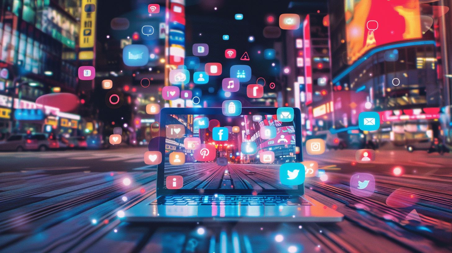 A laptop surrounded by social media icons in a bustling city.