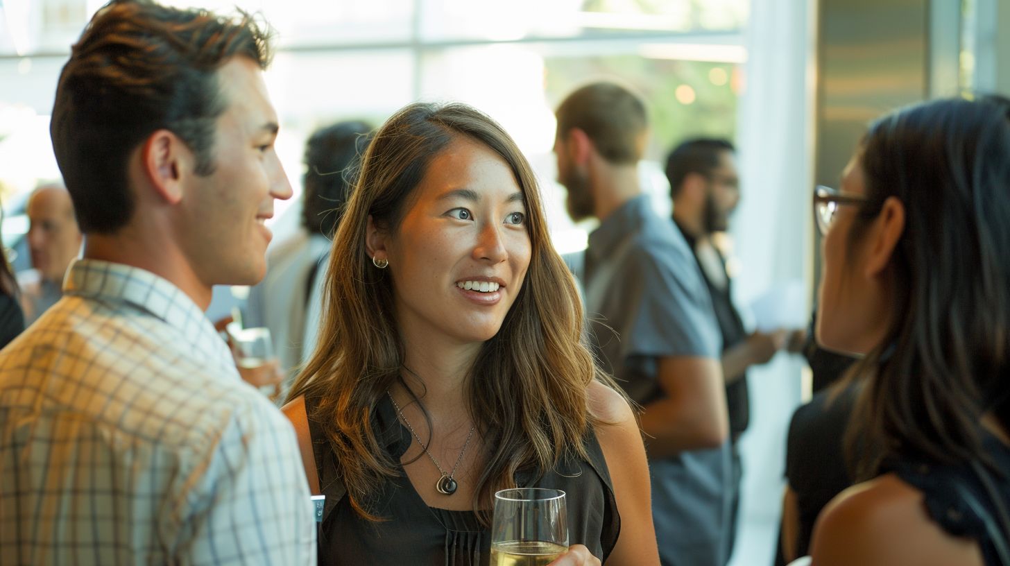A diverse networking event with people engaging in conversation. A diverse networking event with people engaging in conversation.