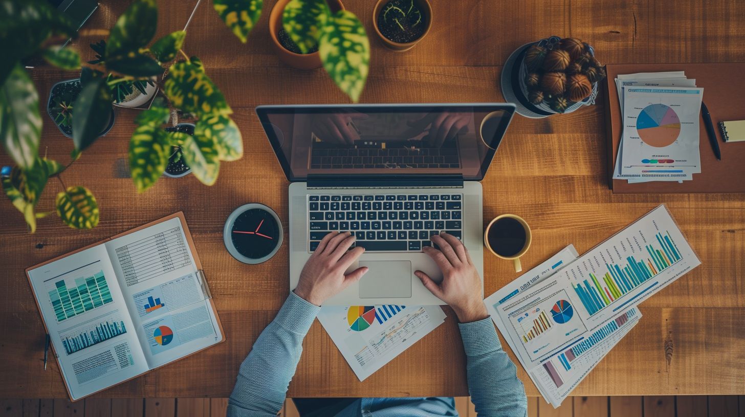 A person at a desk surrounded by market analysis reports and aerial photos. A person at a desk surrounded by market analysis reports and aerial photos.