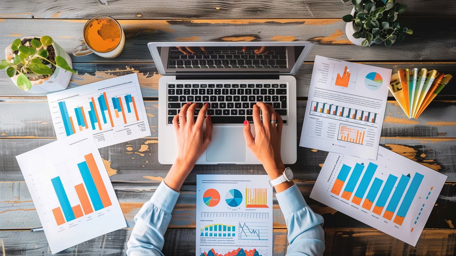 A person at a desk surrounded by market analysis reports and aerial photos. A person at a desk surrounded by market analysis reports and aerial photos.