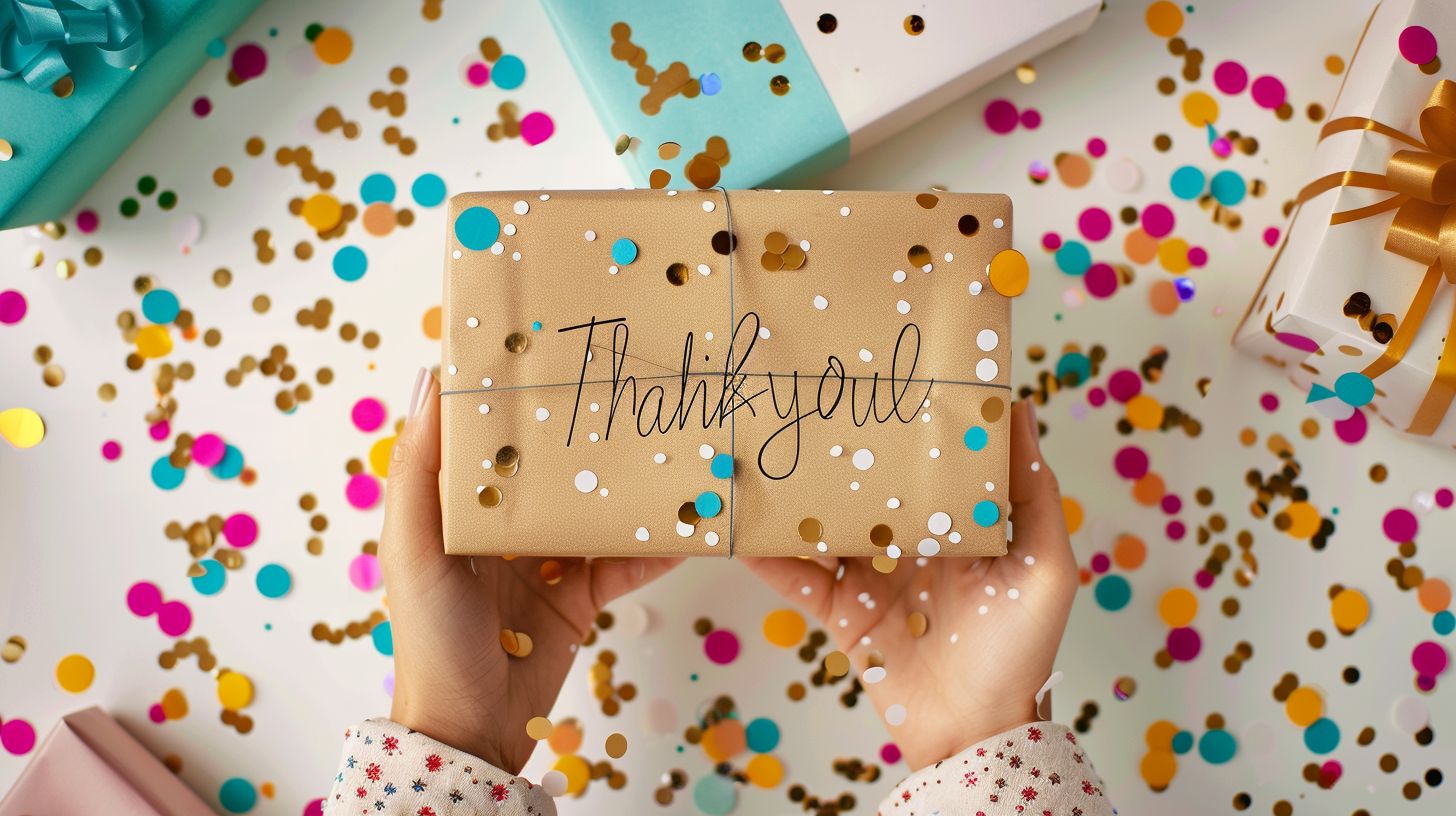 A beautifully wrapped gift package with a personalized thank-you note. A beautifully wrapped gift package with a personalized thank-you note.