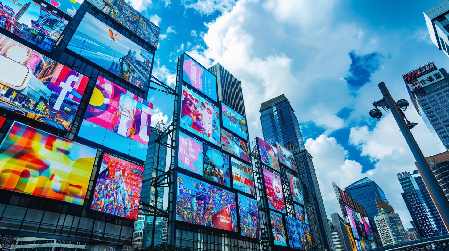 A vibrant urban skyline featuring a branded social media ad. A vibrant urban skyline featuring a branded social media ad.