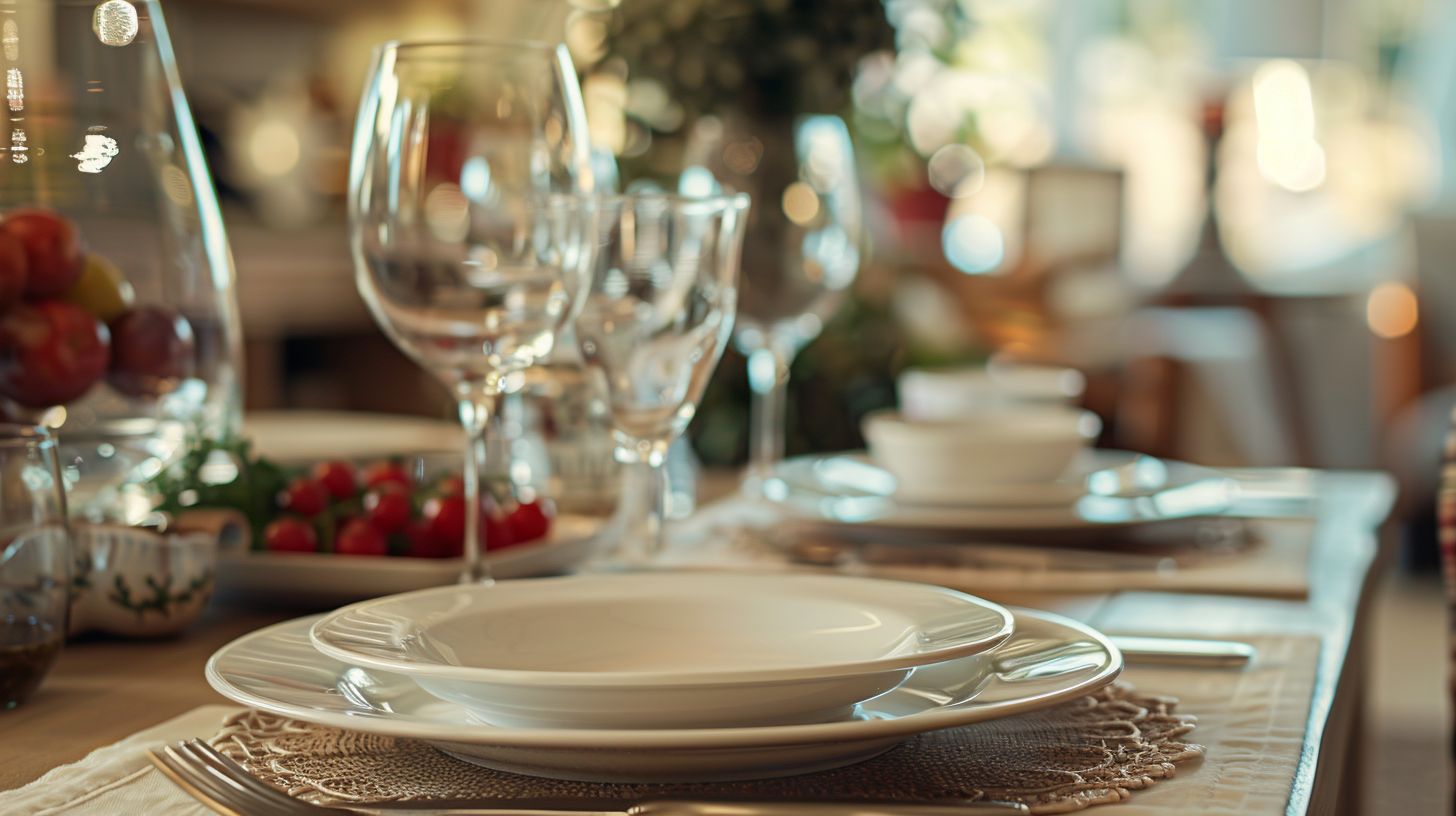 A beautifully arranged table setting in a cozy dining area. A beautifully arranged table setting in a cozy dining area.