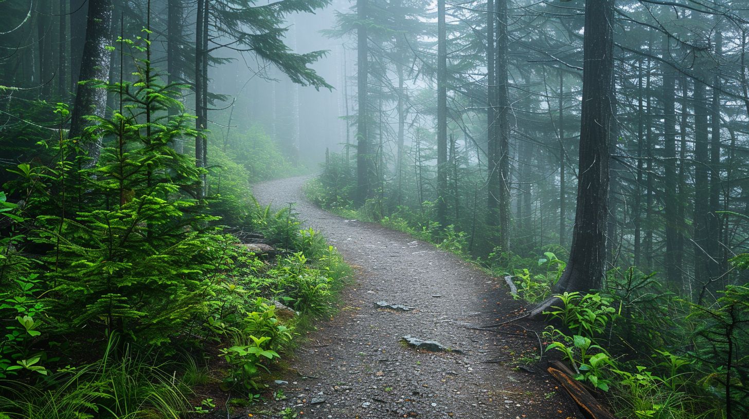 A foggy forest with a winding path captured in wide-angle lens.