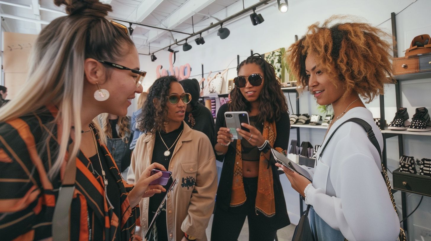 Friends exploring trendy items at a social commerce pop-up event. Friends exploring trendy items at a social commerce pop-up event.