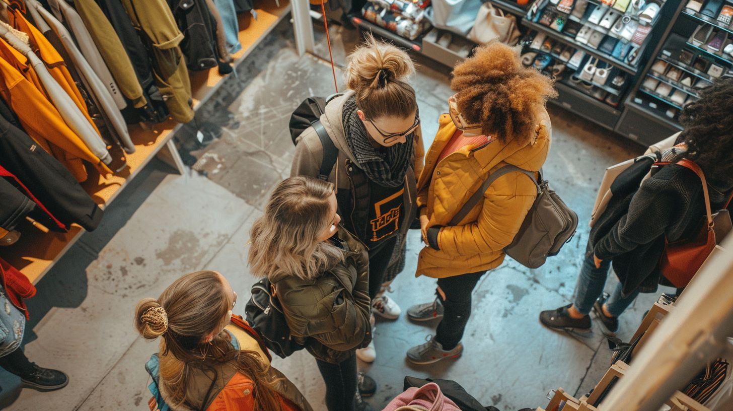 Friends exploring trendy items at a social commerce pop-up event.