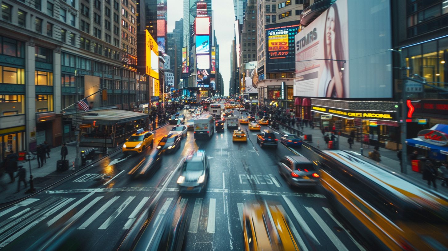 A busy cityscape with prominent product placement in the foreground. A busy cityscape with prominent product placement in the foreground.