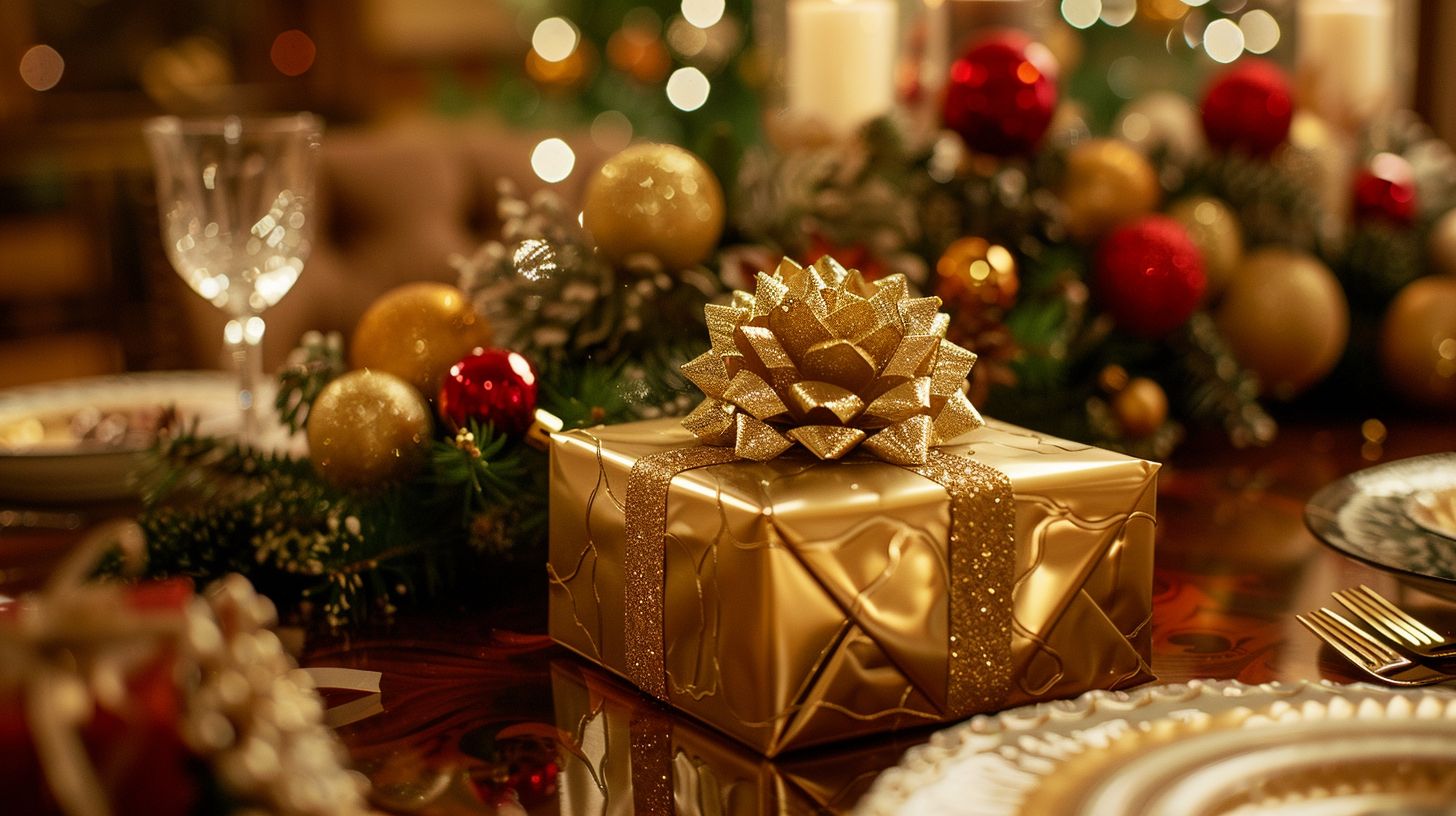 A gift box on a decorated table captured in a still life photo. A gift box on a decorated table captured in a still life photo.