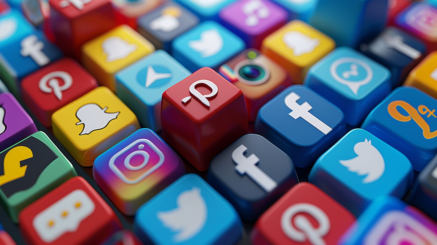 A collage of vibrant social media logos shot from a wide angle.