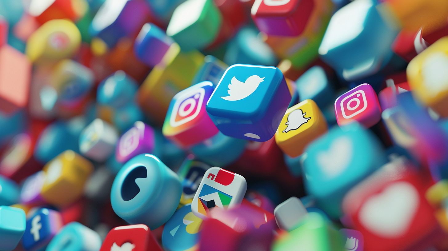 A collage of vibrant social media logos shot from a wide angle.