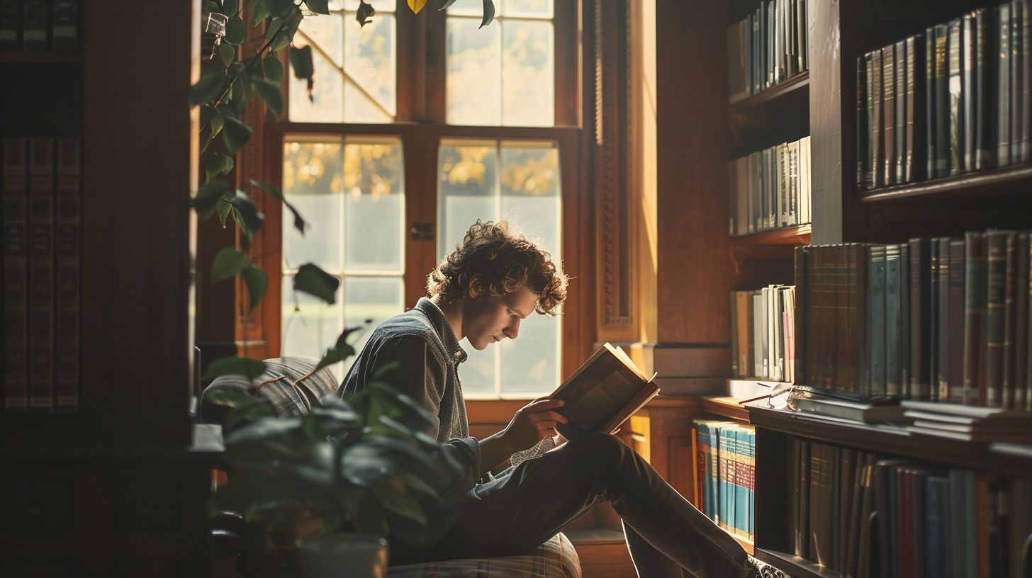 A person engrossed in reading a photography book in a cozy library. A person engrossed in reading a photography book in a cozy library.