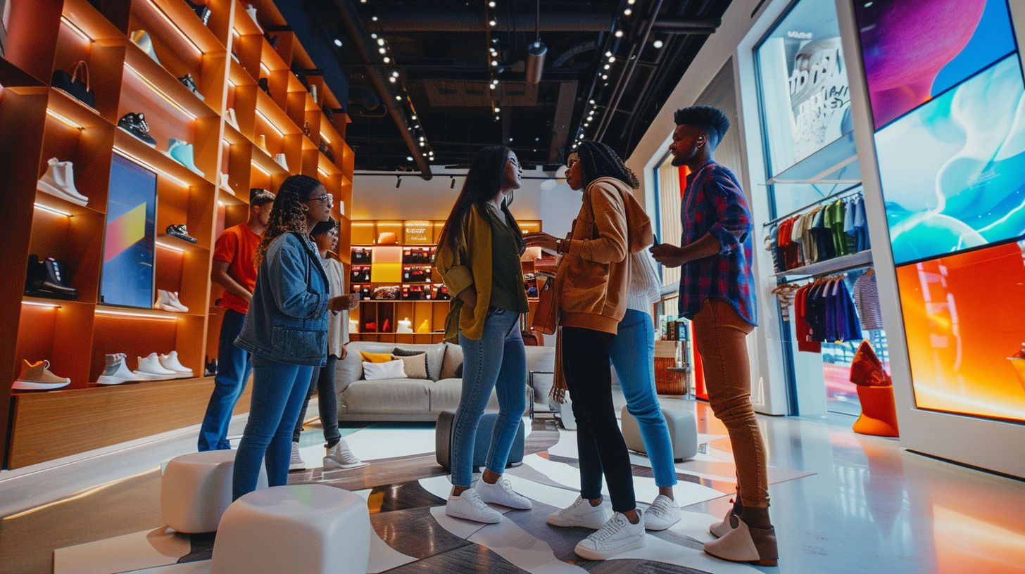 A diverse group enjoying an immersive brand experience in a modern retail space. A diverse group enjoying an immersive brand experience in a modern retail space.