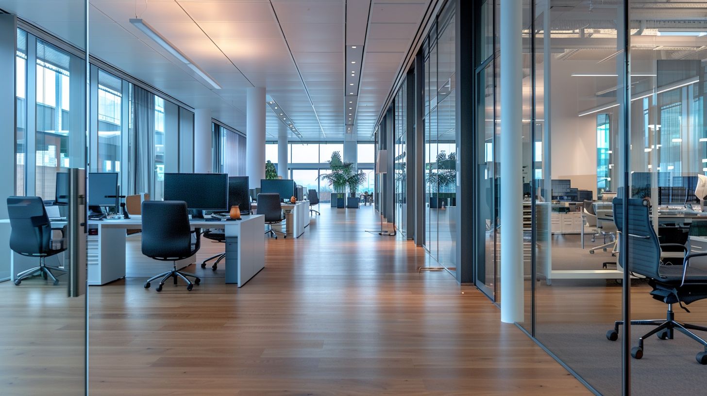 A modern office space with sleek branding and design elements. A modern office space with sleek branding and design elements.
