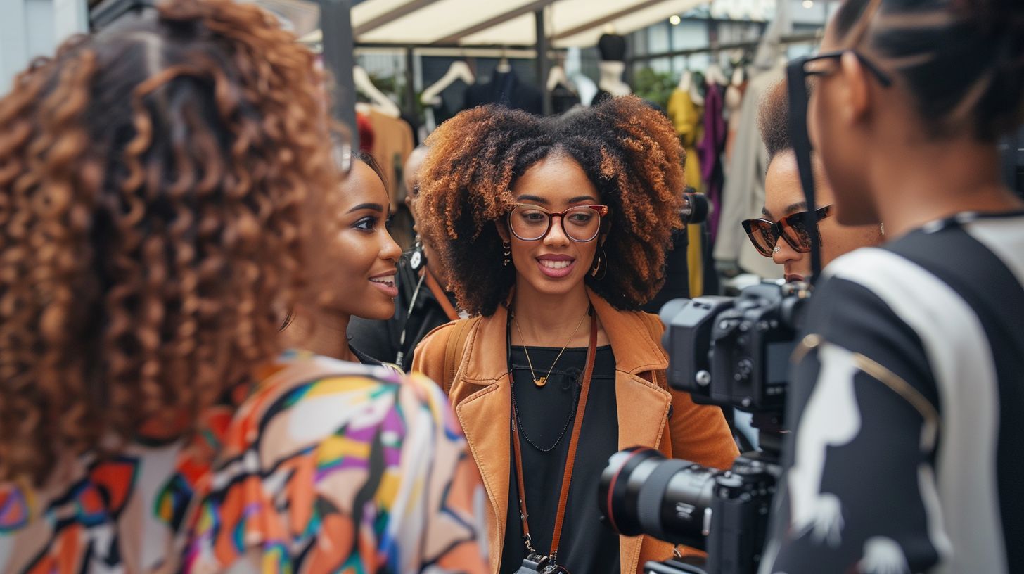 Influencers engaging with followers at a busy shopping event. Influencers engaging with followers at a busy shopping event.