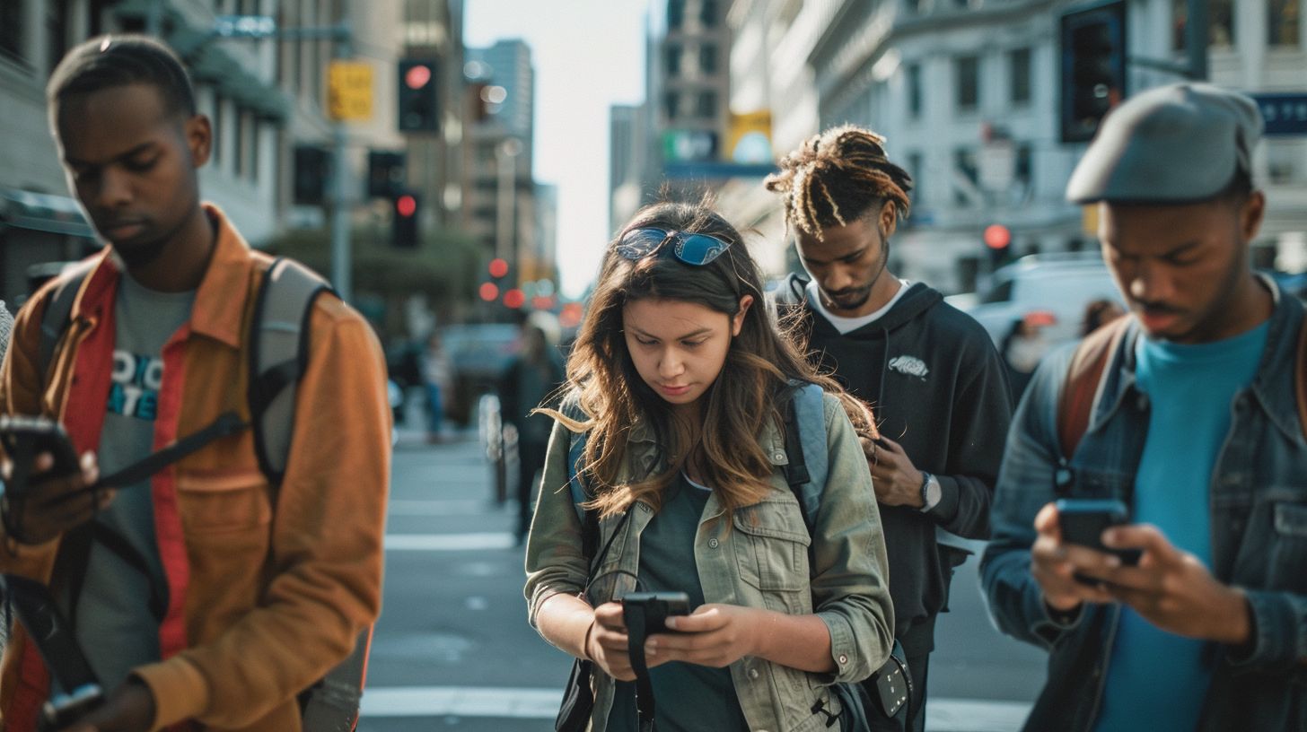 People from diverse backgrounds using social media in an urban setting.