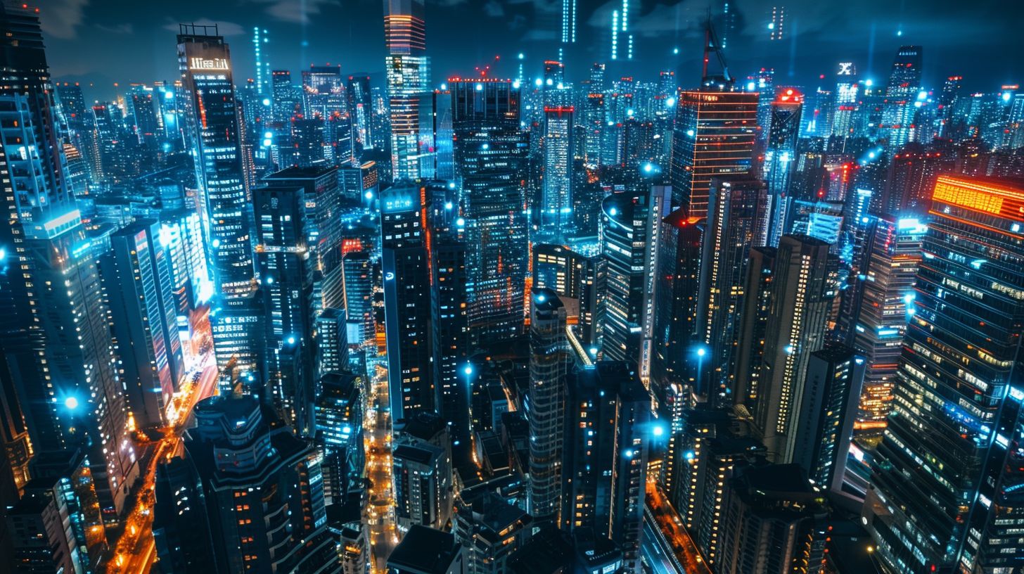 The nighttime cityscape includes futuristic disappearing content app logos.