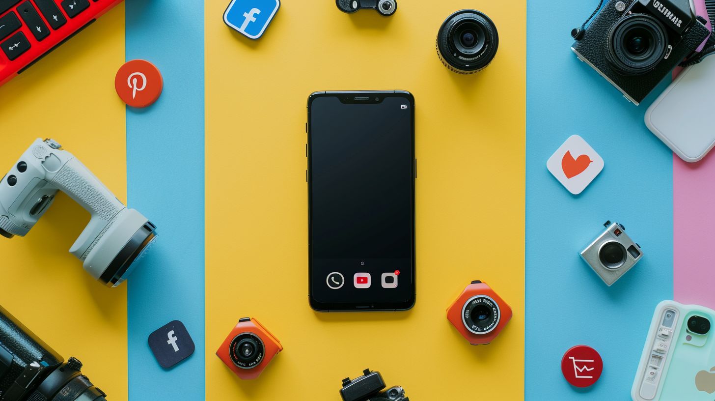 A smartphone surrounded by social media icons and captured by a drone.