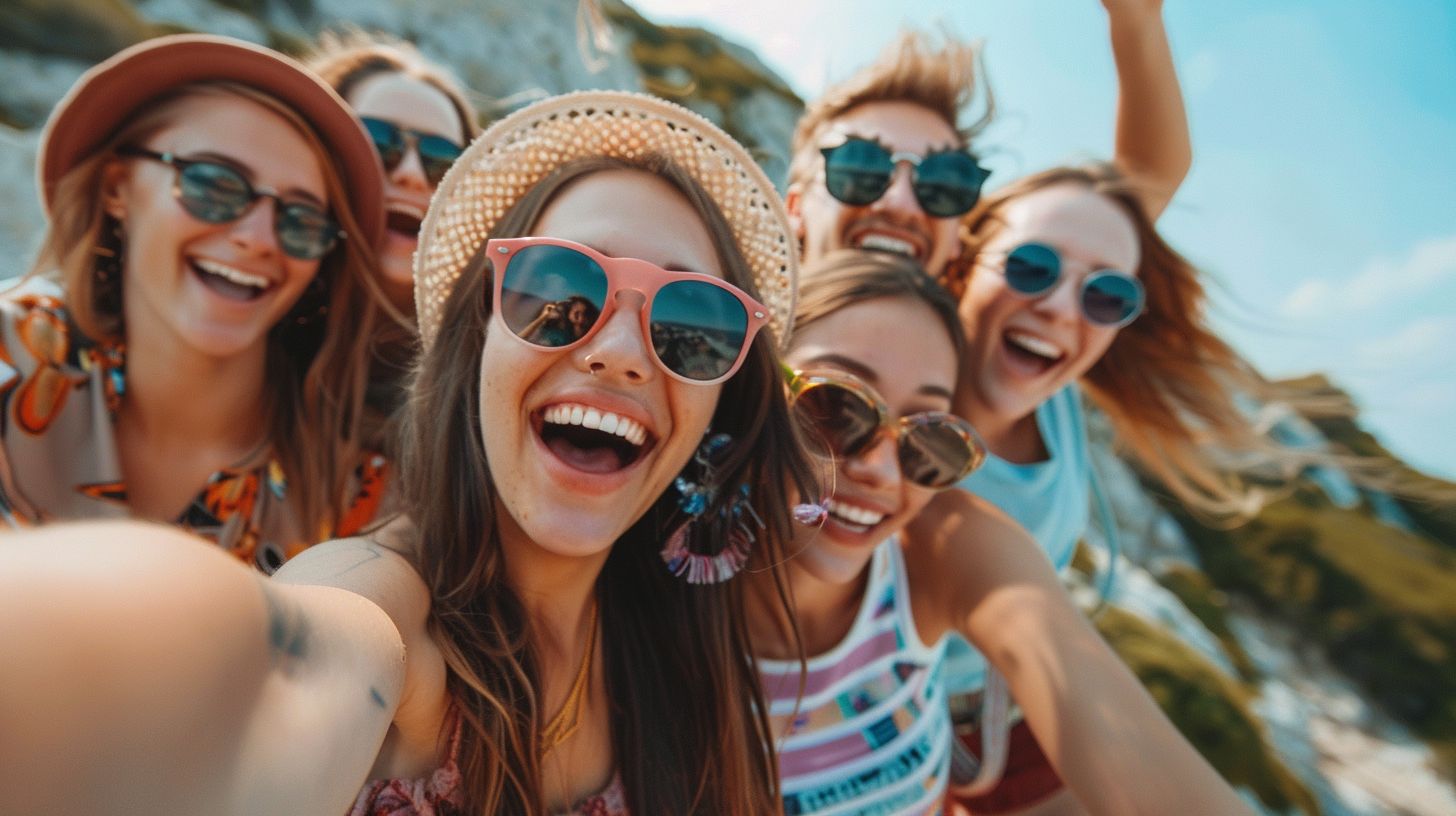 A group of friends sharing products and laughing while using smartphone.