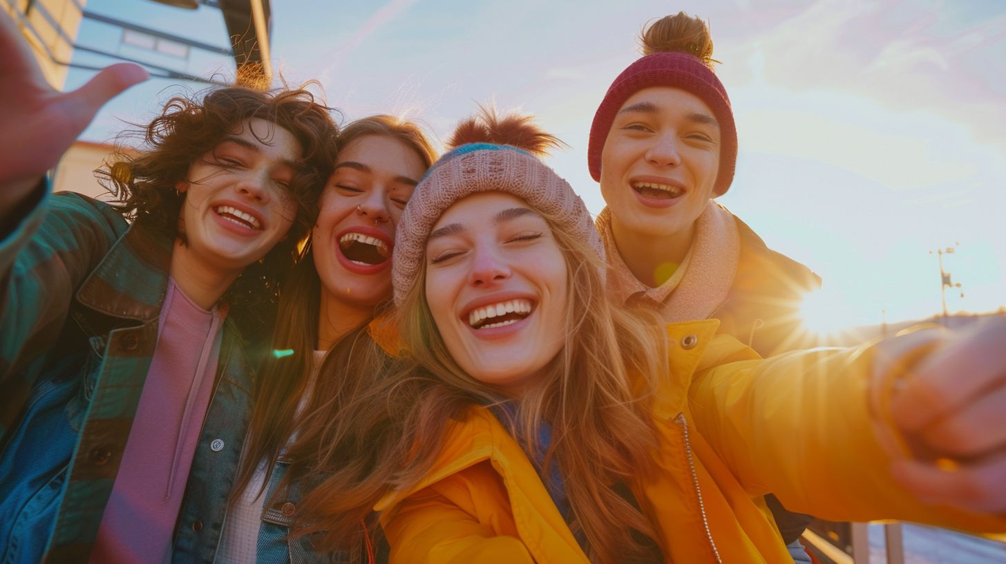 A group of friends sharing products and laughing while using smartphone.