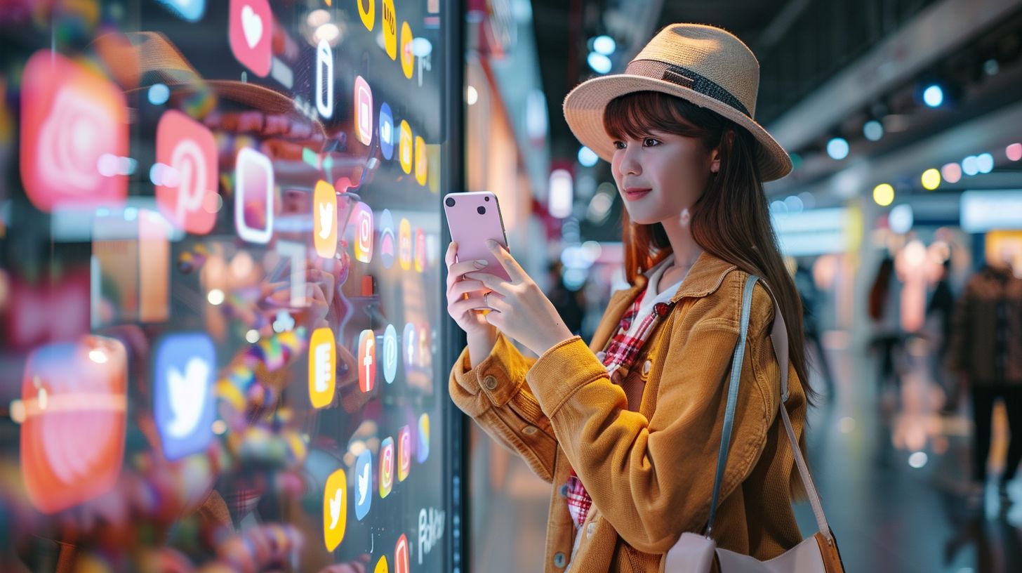 A trendy product display with social media backdrop and person. A trendy product display with social media backdrop and person.