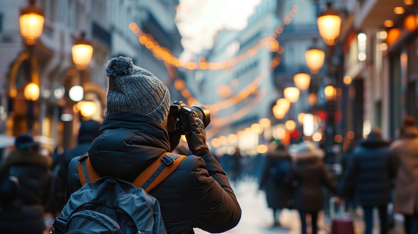 Capturing urban life with a mirrorless camera in a bustling city.