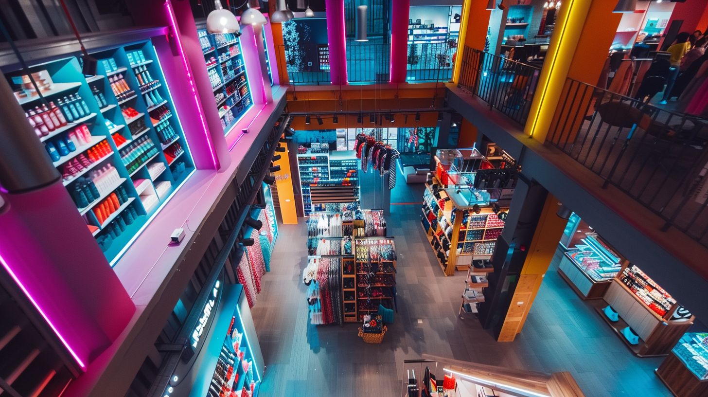 An online store displaying products in an interactive, vibrant environment. An online store displaying products in an interactive, vibrant environment.