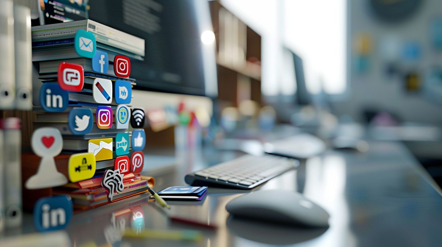 A stack of social media icons among modern office equipment.