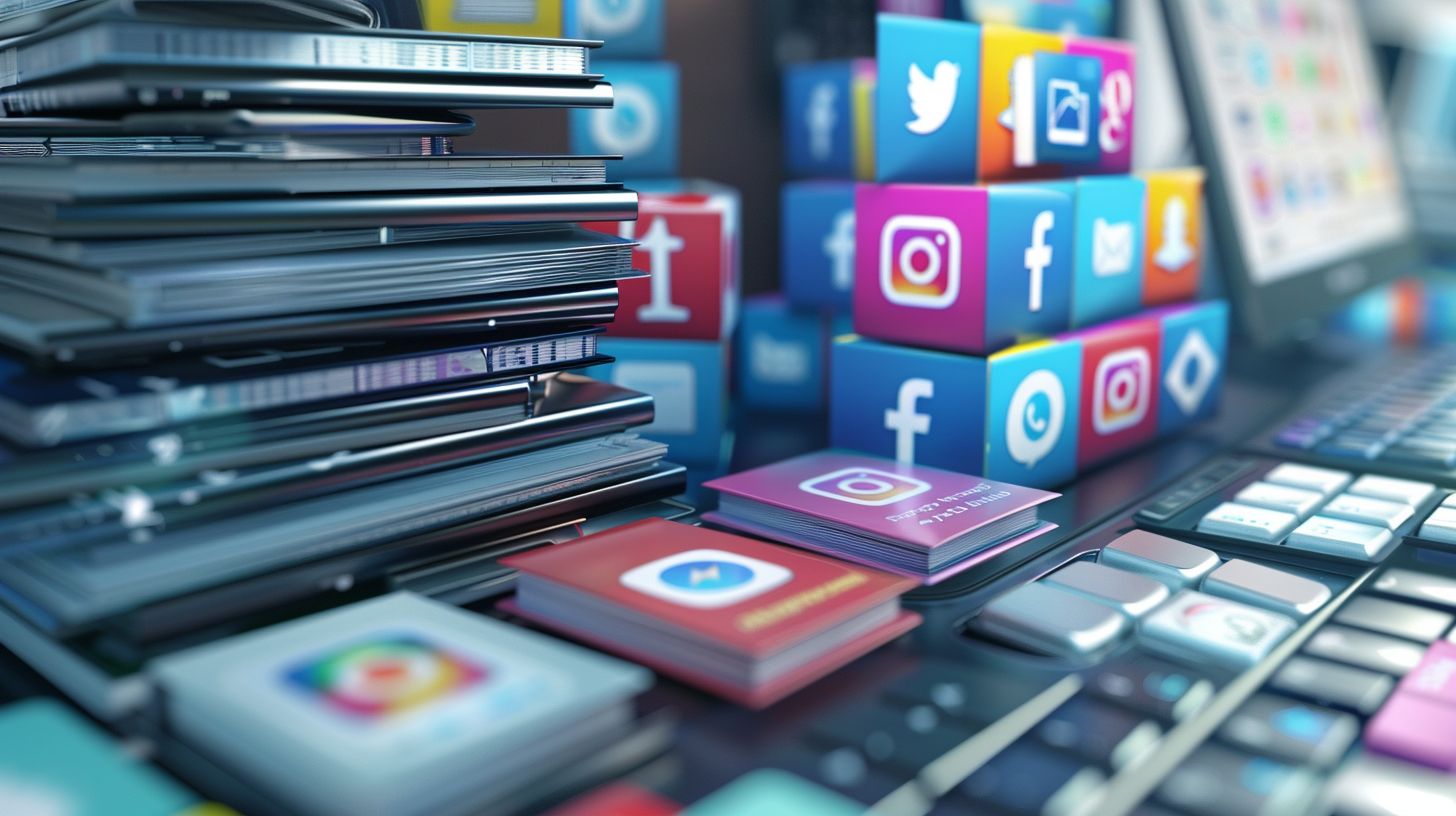 A stack of social media icons among modern office equipment.