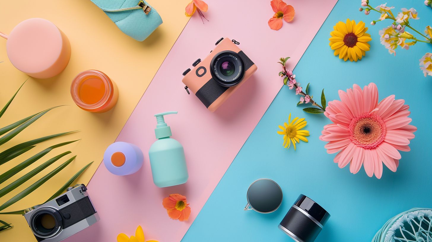 A social media post showcasing colorful and engaging product flat lays.