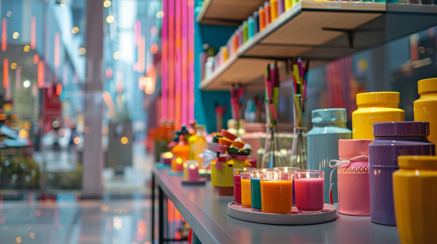 A vibrant and well-arranged set of product displays in a cityscape. A vibrant and well-arranged set of product displays in a cityscape.