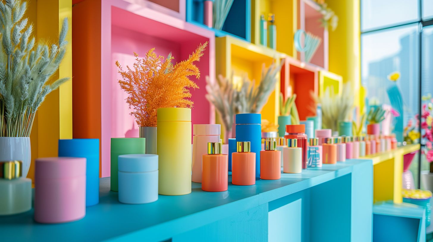 A vibrant and well-arranged set of product displays in a cityscape. A vibrant and well-arranged set of product displays in a cityscape.