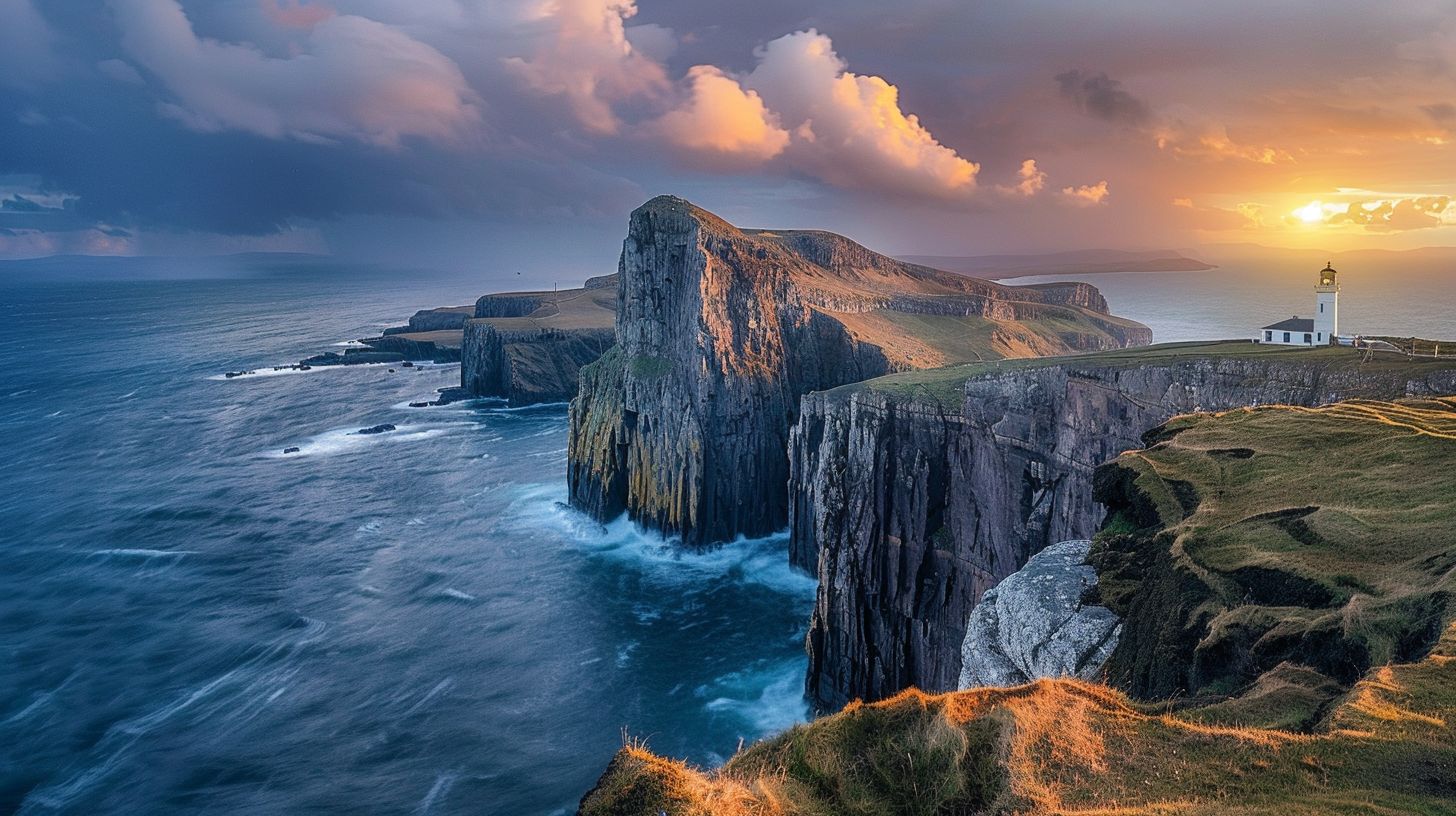 A lighthouse stands on a cliff overlooking a stormy sea.