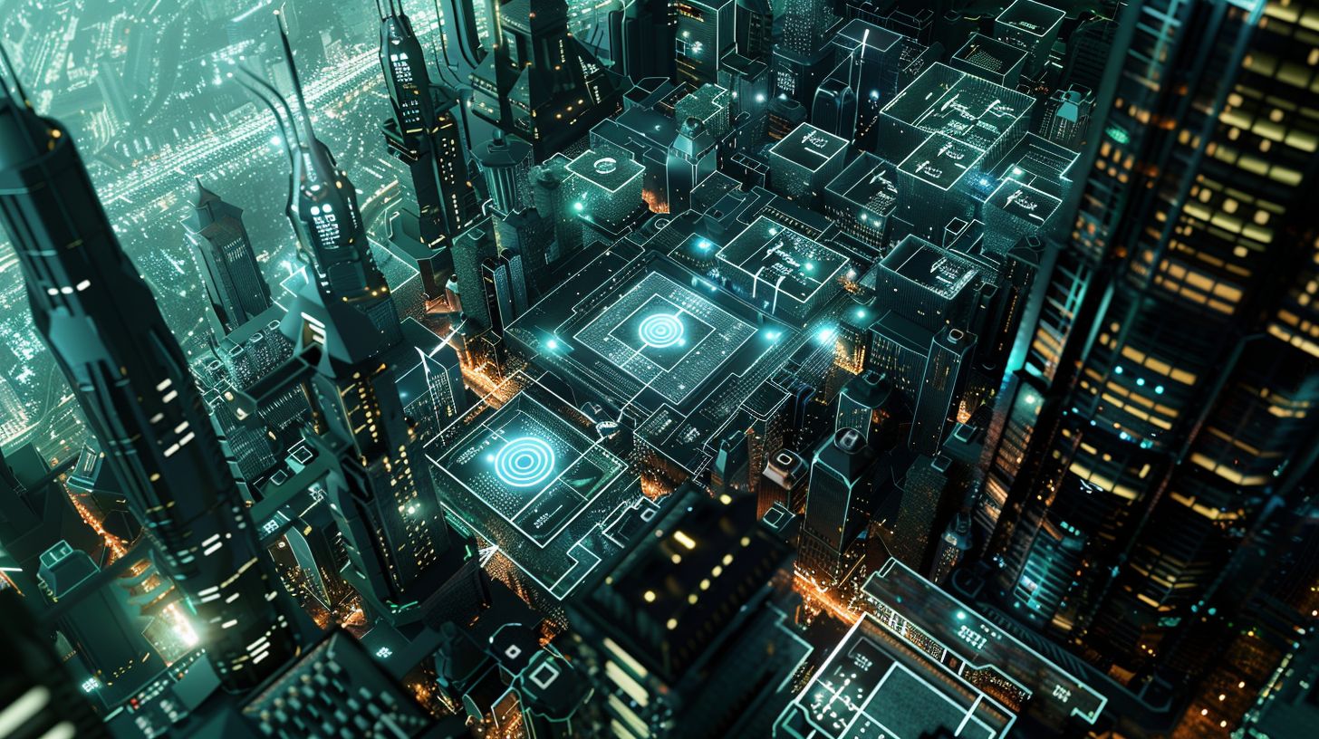 A futuristic cityscape with integrated digital interfaces captured from above. A futuristic cityscape with integrated digital interfaces captured from above.