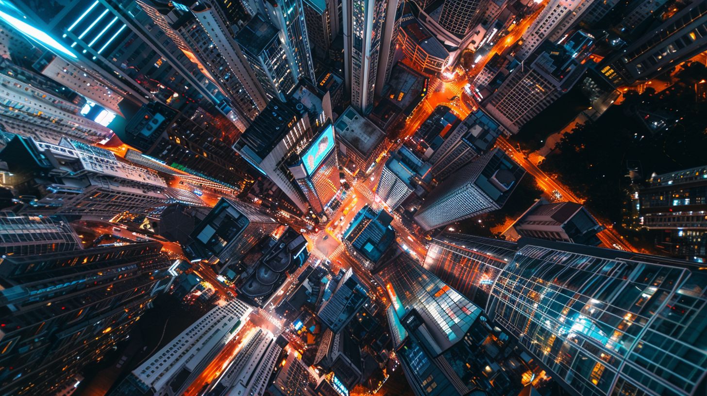 A futuristic cityscape with integrated digital interfaces captured from above.