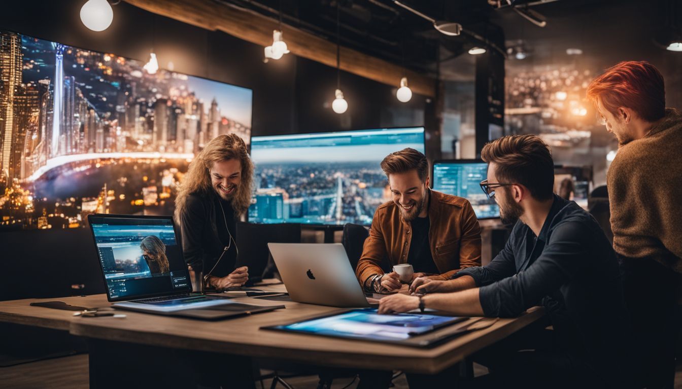 A team of UX designers collaborating on a digital interface. A team of UX designers collaborating on a digital interface.
