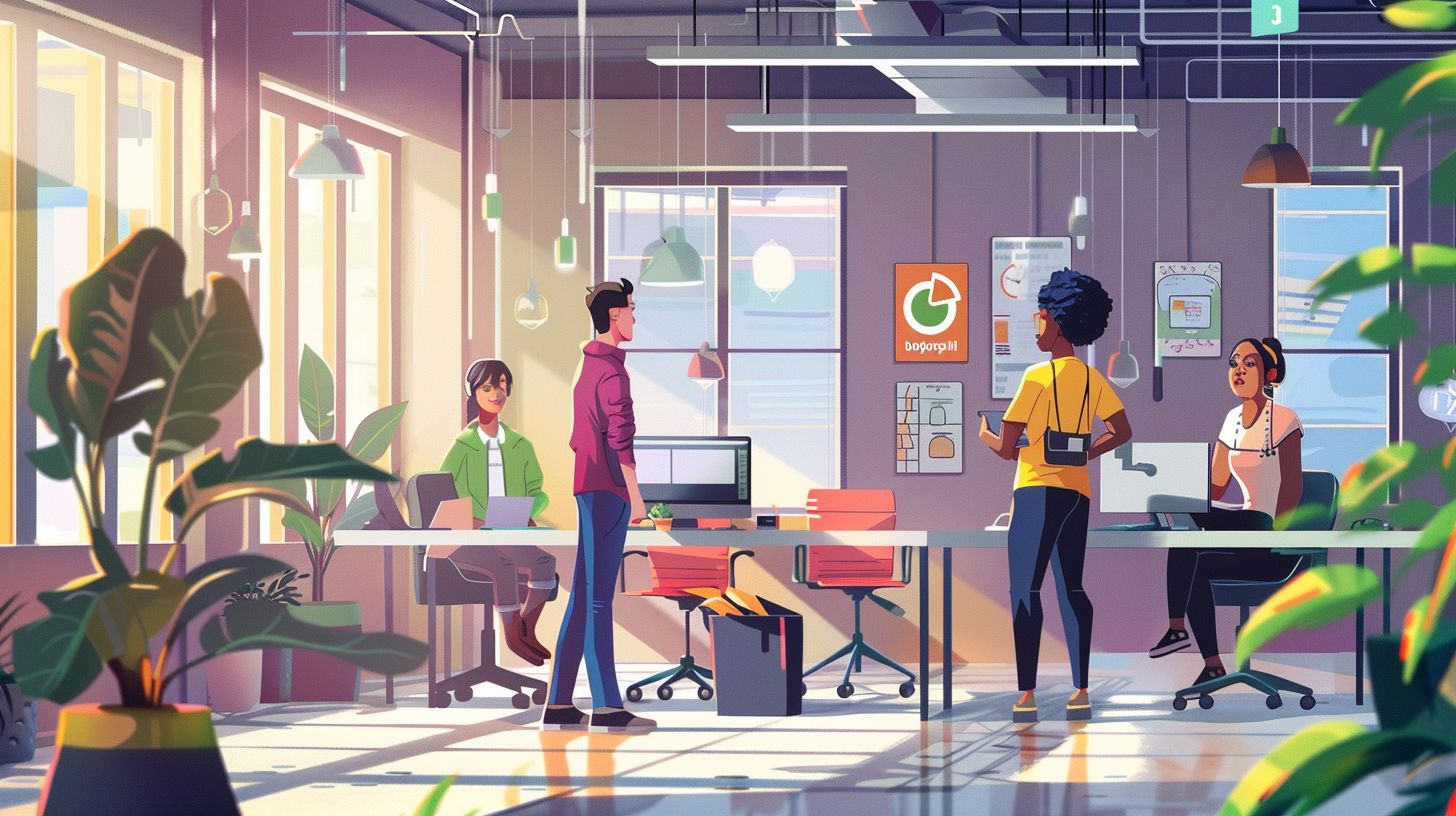 Colorful illustrations of Slack, Shopify, and Dropbox logos in modern office. Colorful illustrations of Slack, Shopify, and Dropbox logos in modern office.