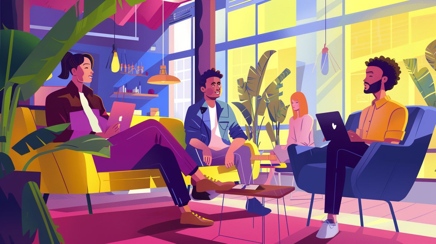 Colorful illustrations of Slack, Shopify, and Dropbox logos in modern office. Colorful illustrations of Slack, Shopify, and Dropbox logos in modern office.