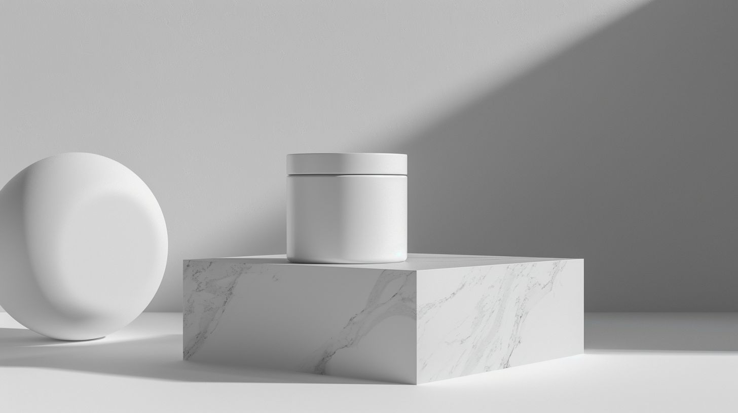 Sleek, modern product packaging against minimalist background.