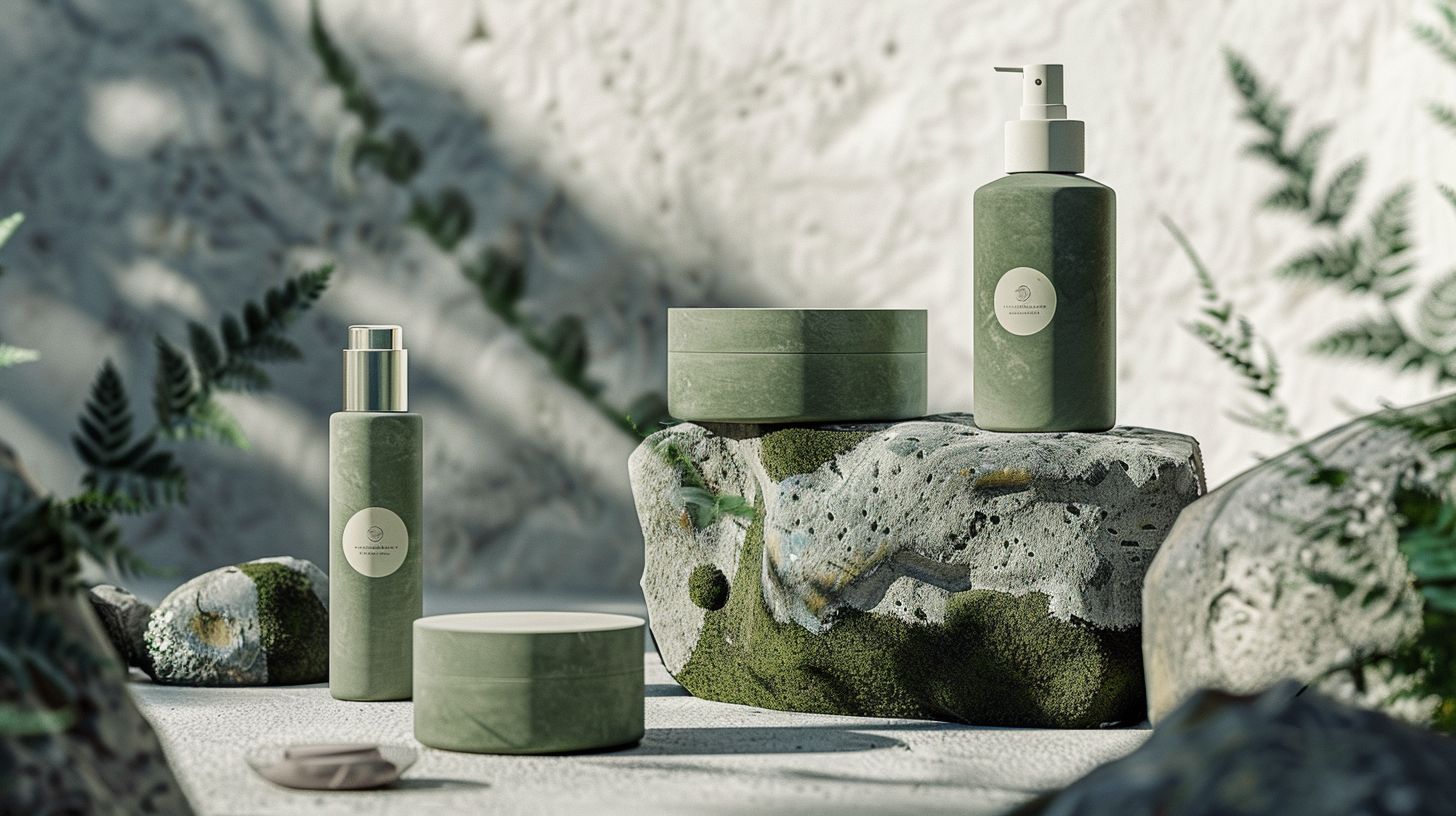 The product packaging design is modern and sleek, set against a sustainable backdrop of nature.