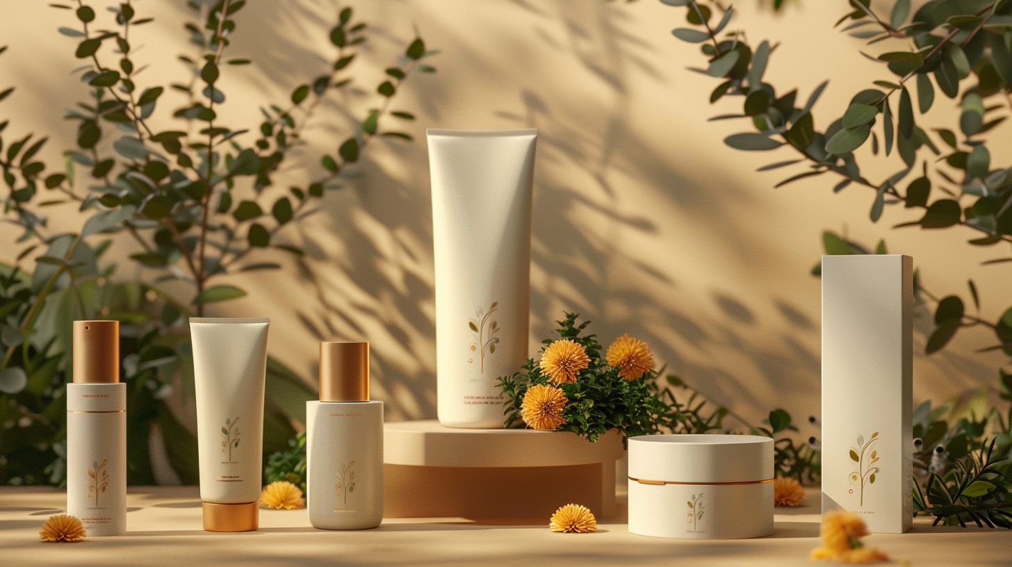 The product packaging design is modern and sleek, set against a sustainable backdrop of nature.