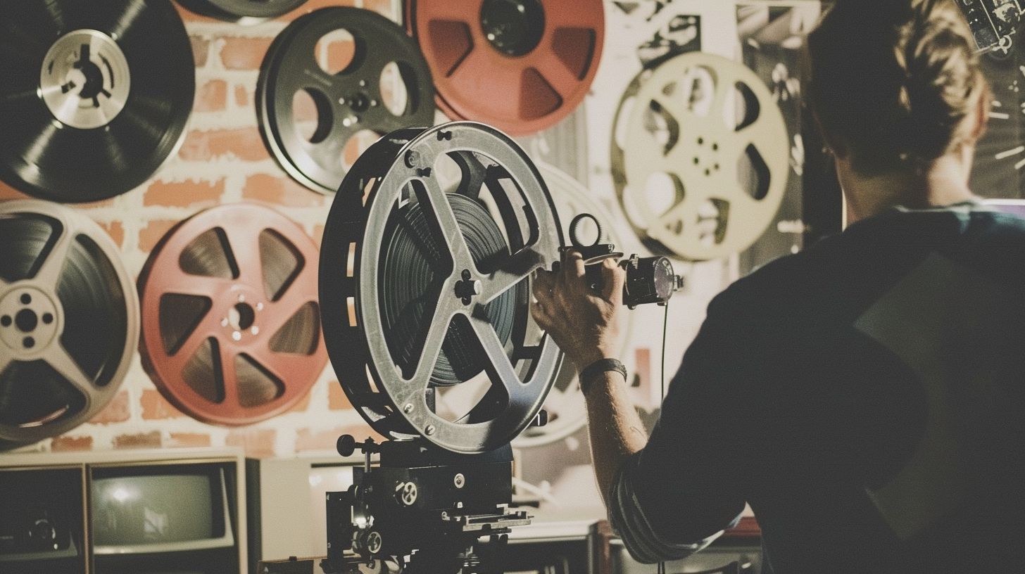 A filmmaker surrounded by vintage cameras and film reels works on a script.