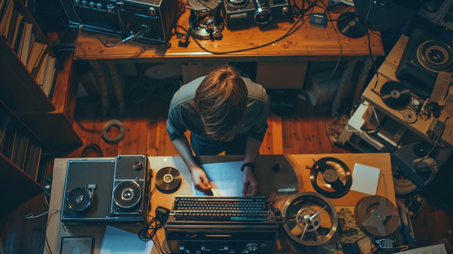 A filmmaker surrounded by vintage cameras and film reels works on a script. A filmmaker surrounded by vintage cameras and film reels works on a script.